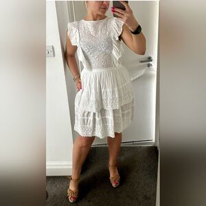 H&M White Cotton Babydoll Tier Graduation Ruffle Midi Maxi Dress Size 12 Boho